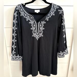 J JILL S Embroidered black V neck long sleeve cotton tencel tunic cottagecore